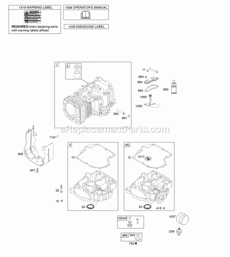 Cylinder Engine Sump OperatorS Manual Warning Label Diagram and Parts List for 21B906-0020-E9  Briggs and Stratton Engine